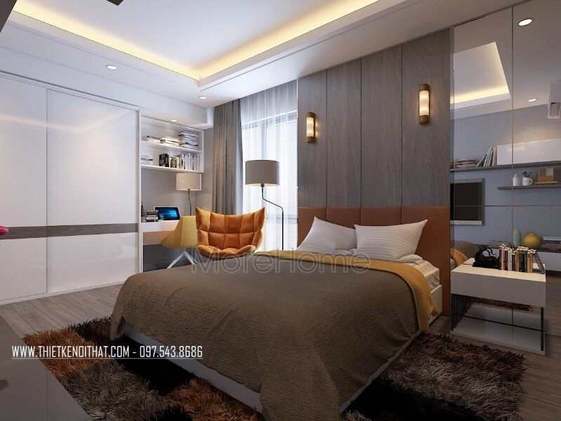 Trang trí nội thất phòng ngủ chung cư ấn tượng với giường ngủ gỗ công nghiệp màu trắng ấn tượng