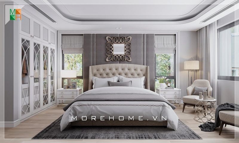 Gương trang trí tân cổ điển được treo tường đầu giường ngủ thế hiện đẳng cấp sáng tạo độc lạ của nhà thiết kế.