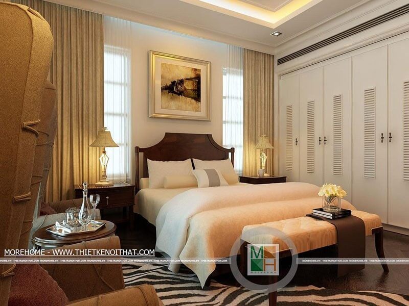 Mẫu giường ngủ gỗ tự nhiên với kiểu dáng đường cong tân cổ điển đẹp mắt, đem lại cảm giác ấn tượng.